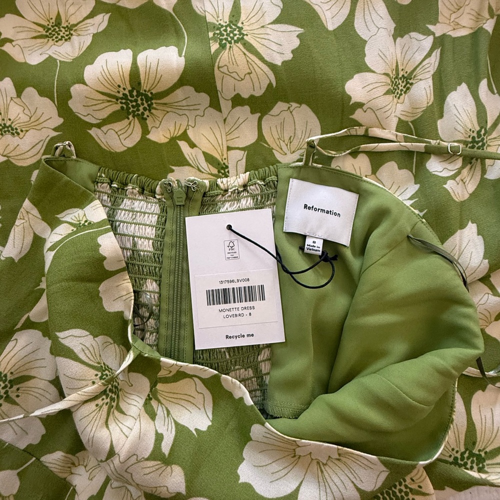 Reformation Monette NWT Green Floral Midi Dress Lovebird Size 8 - Picture 15 of 15